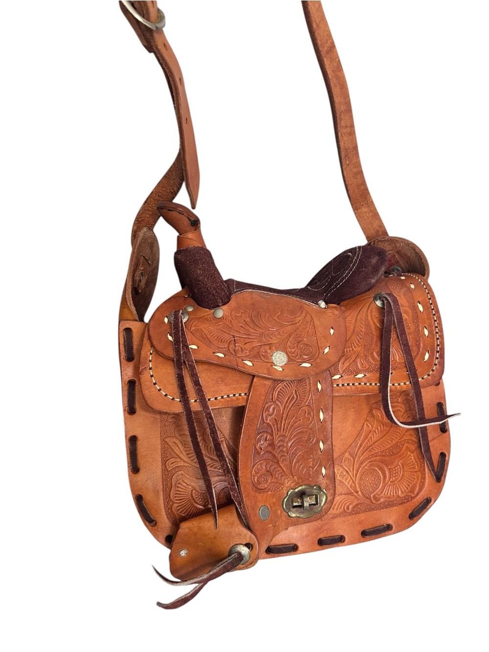 Horse Saddle Shoulder Bag Hand Tooled Brown Suede And Tan Leather Purse Vintage - Picture 6 of 16